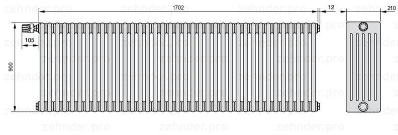 Схема (чертеж) Радиатор Zehnder Charleston 6090/37 №V012 Белый глянцевый RAL 9016